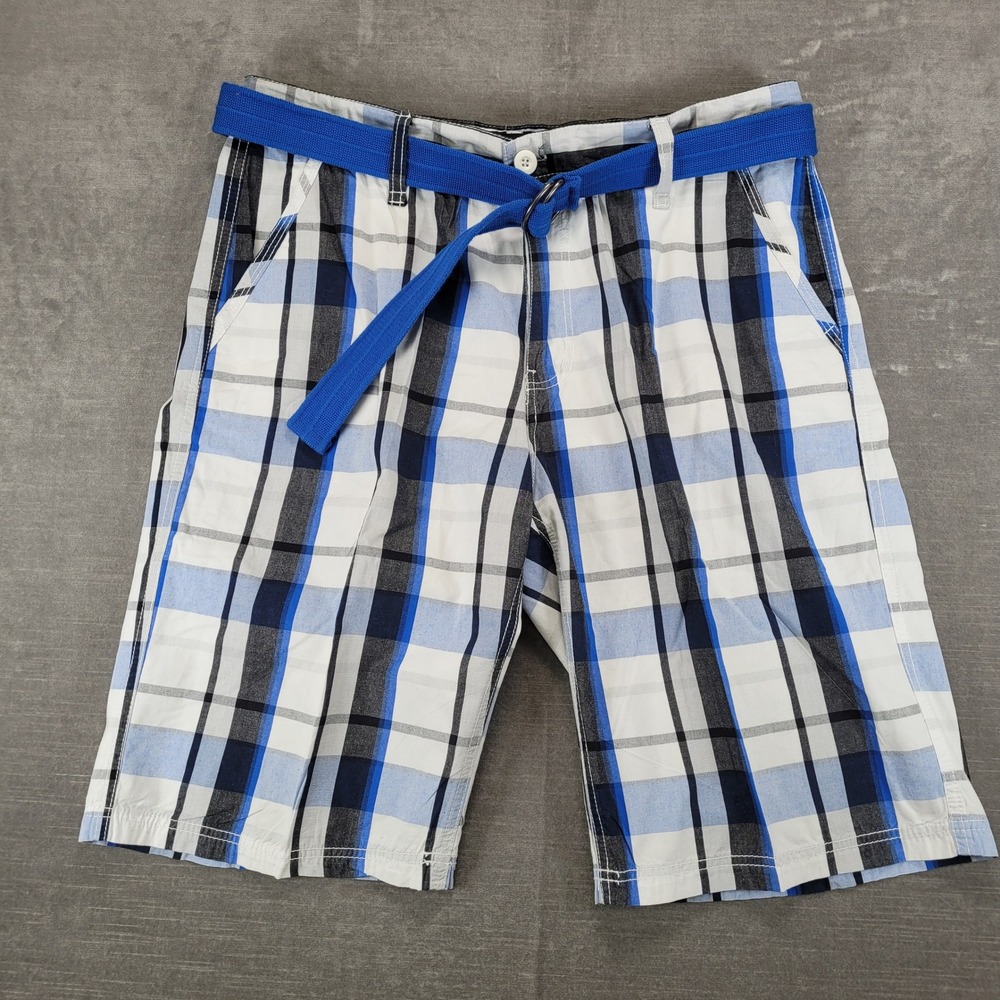 Southpole Mens Plaid Cargo Shorts Blue White Black Size 36 Belted Authentic Co